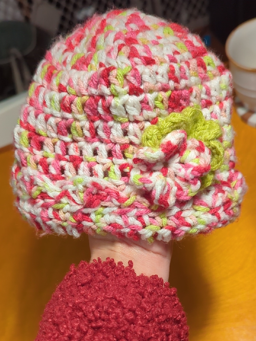 Handmade Pink & White Crochet Kids Beanie with Green Flower